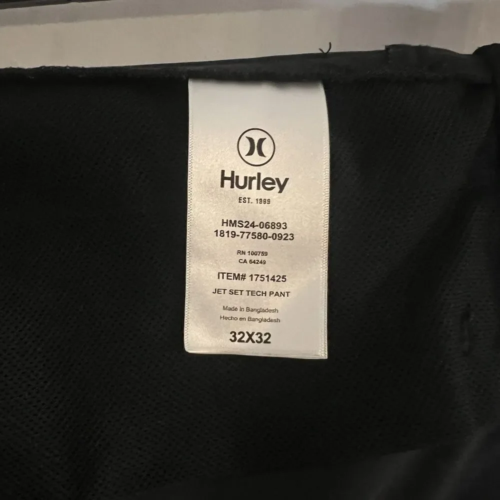 Hurley Men’s Pants Black Jet Set Tech 32W Slim Tapered Stretch Size 32